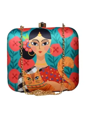 Artklim Lady With Cat Printed Clutch