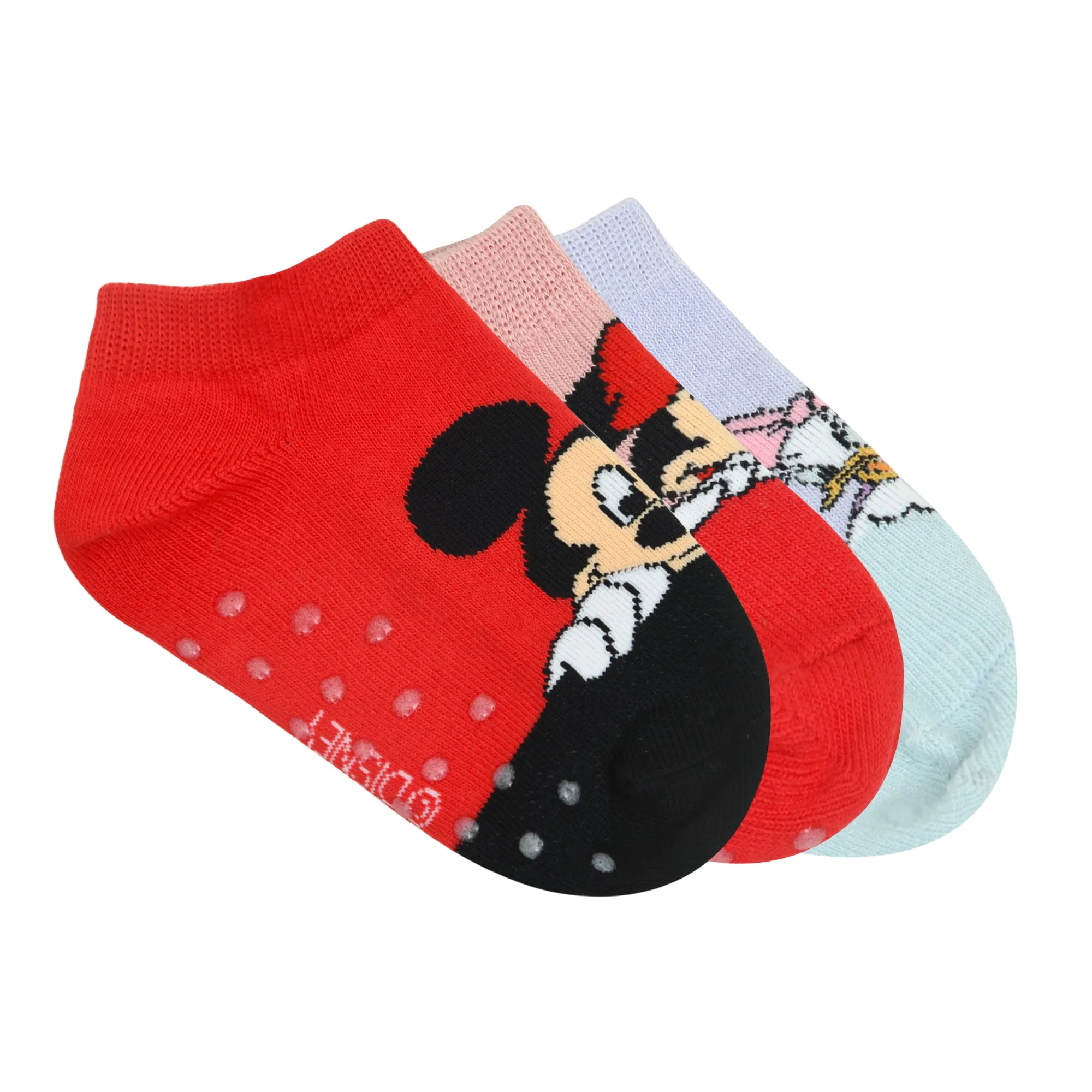 Balenzia X Disney Character Anti-skid Lowcut Socks for Kids- Mickey & Minnie (Pack of 3 Pairs/ 1U) (Red, Balck, Blue)