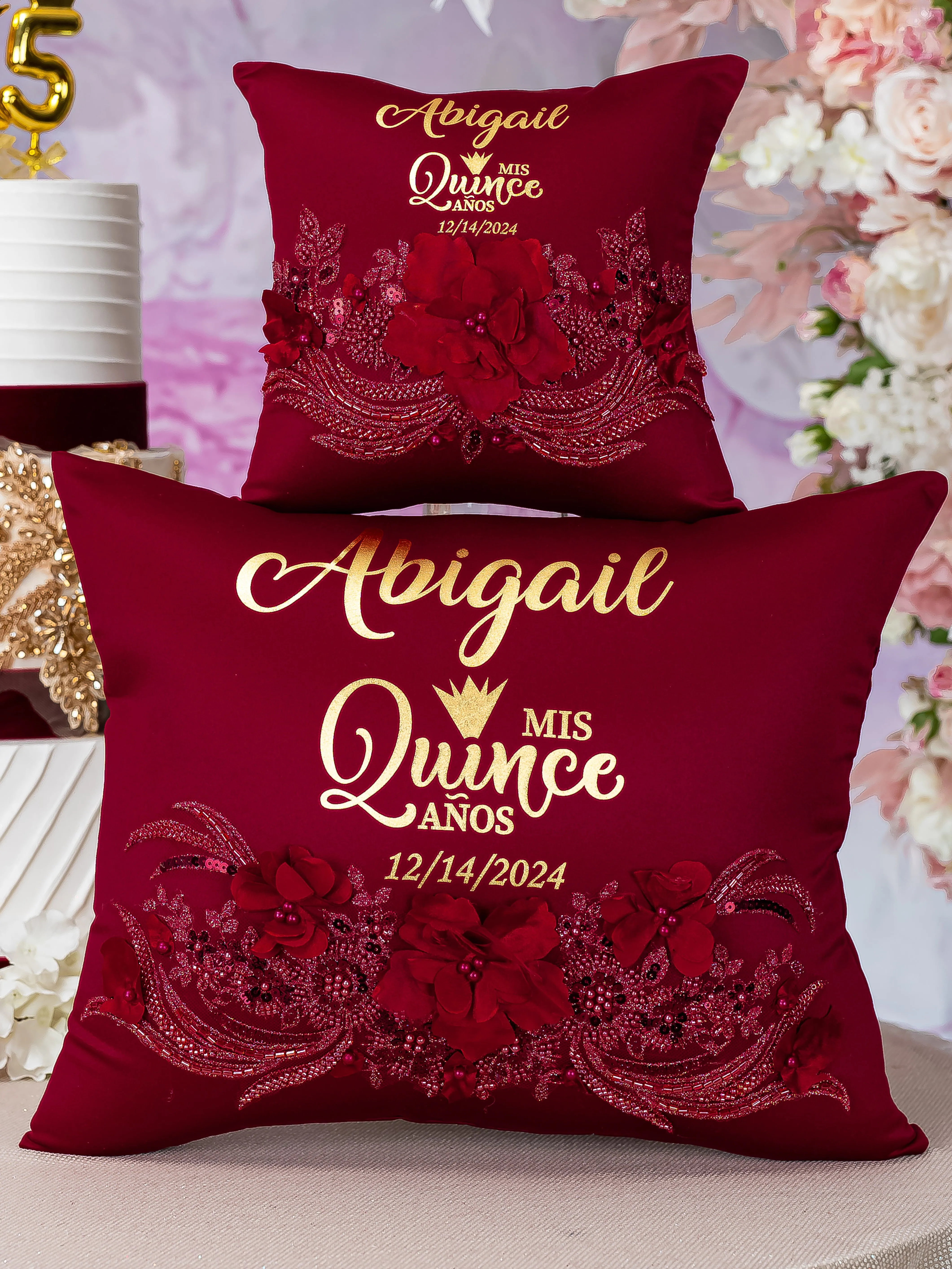 Burgundy quinceanera kneeling pillow, shoes pillow