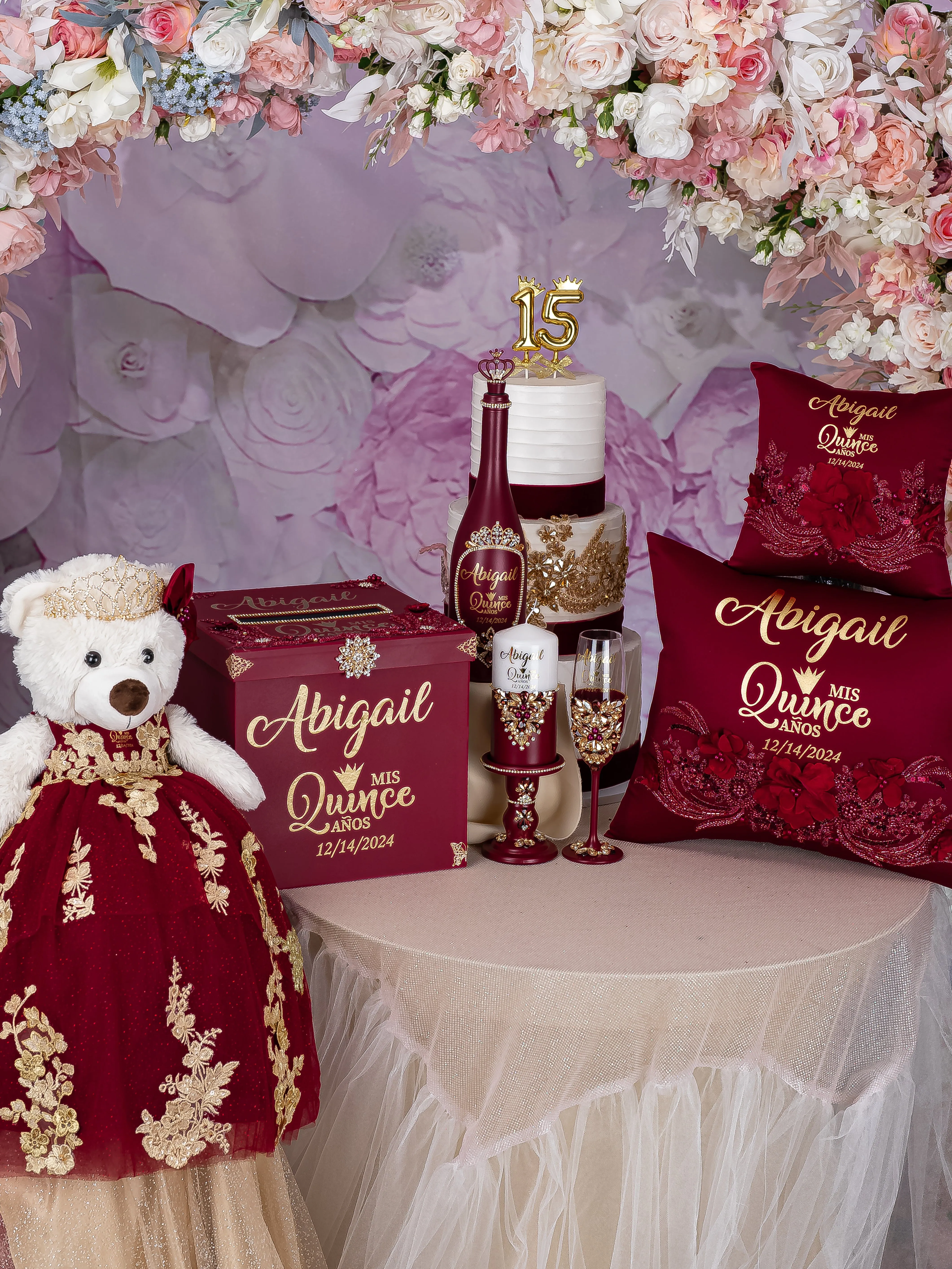 Burgundy quinceanera kneeling pillow, shoes pillow