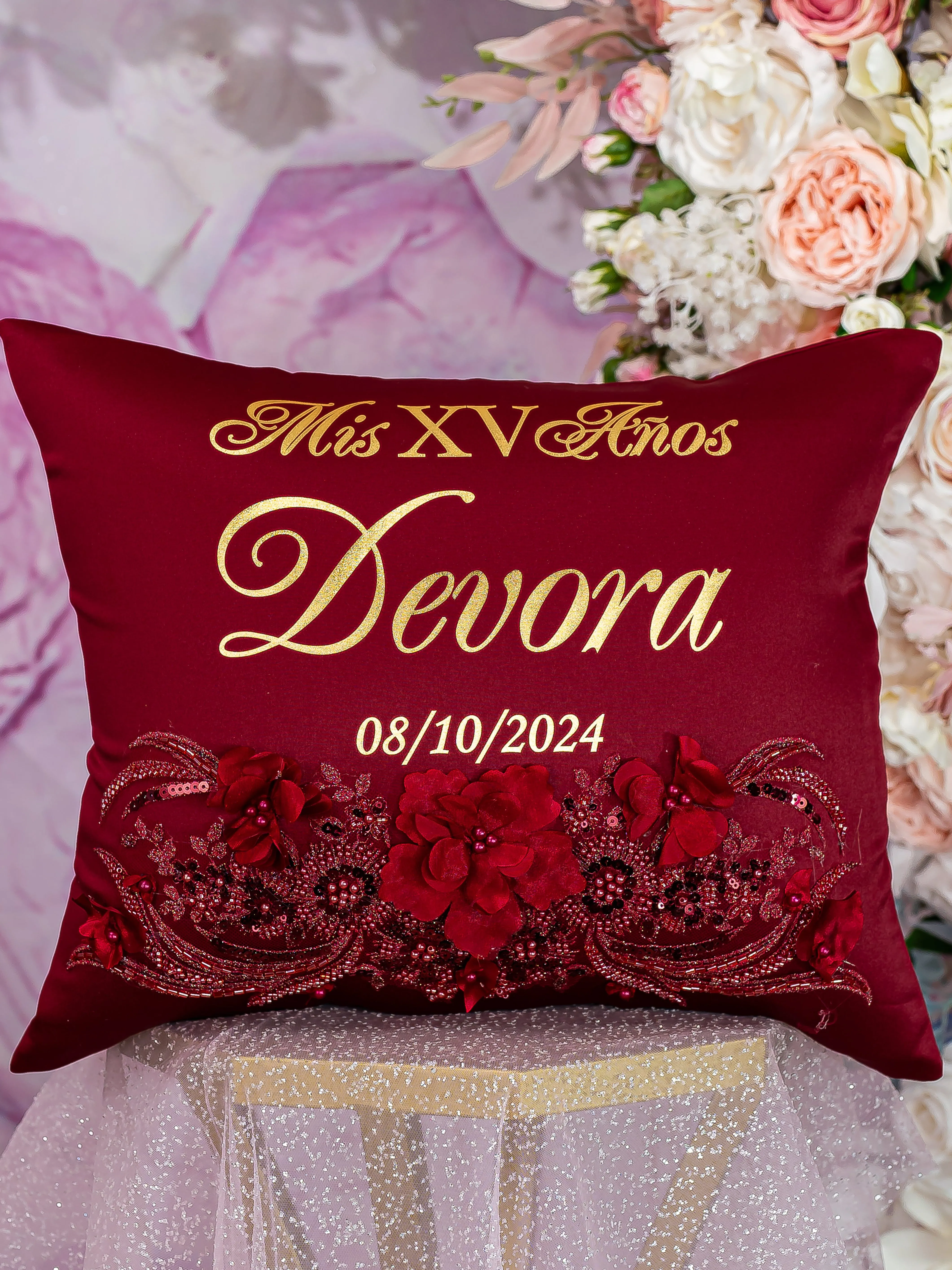 Burgundy quinceanera kneeling pillow, shoes pillow