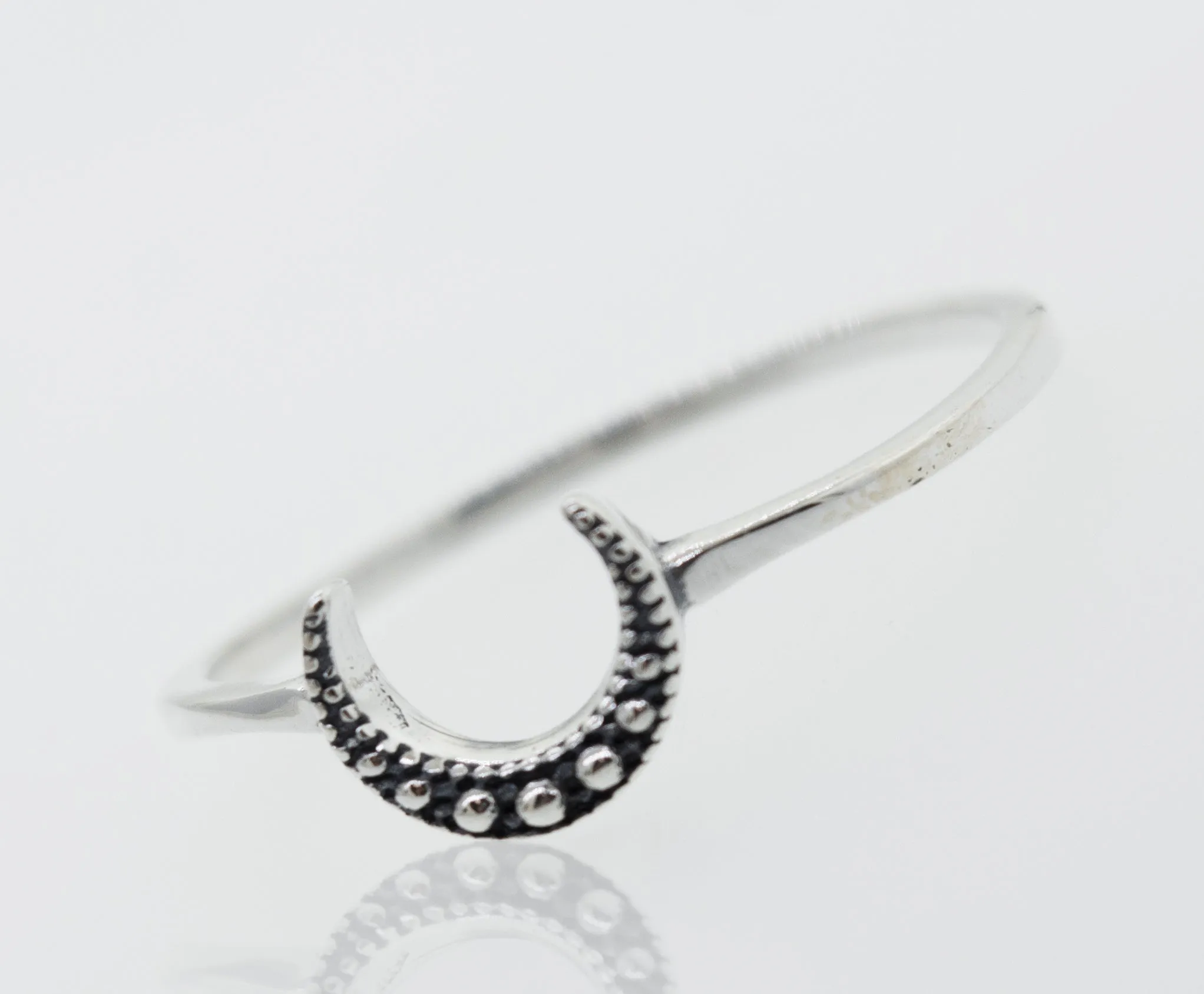 Crescent Moon With Beads Design Silver Ring