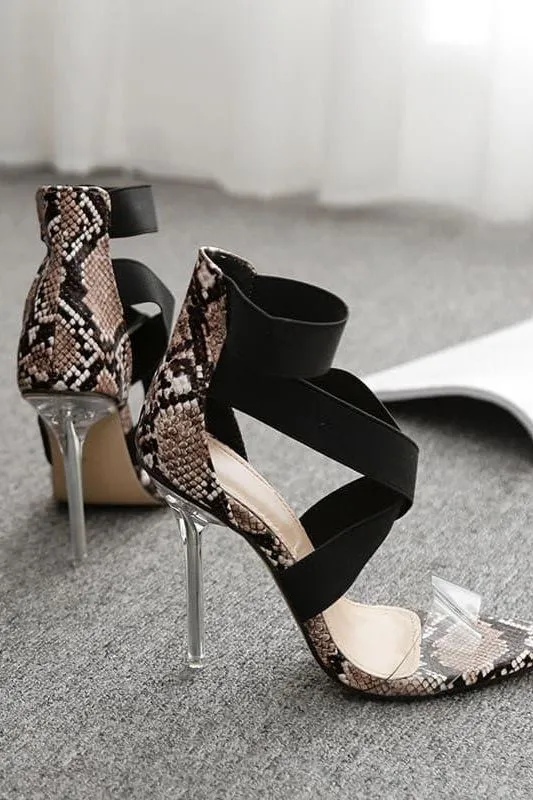 crystal heel elastic band snake pattern net sandals