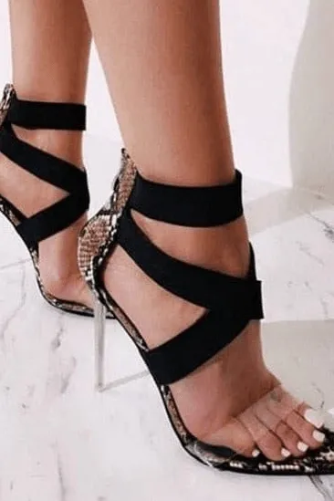 crystal heel elastic band snake pattern net sandals