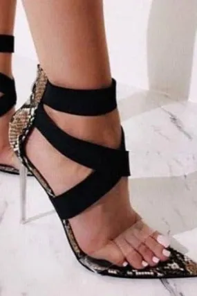 crystal heel elastic band snake pattern net sandals