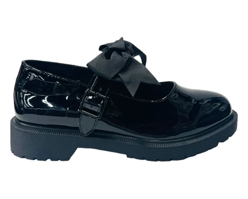 Faux Patent Leather Buckle Bow Flat Shoes