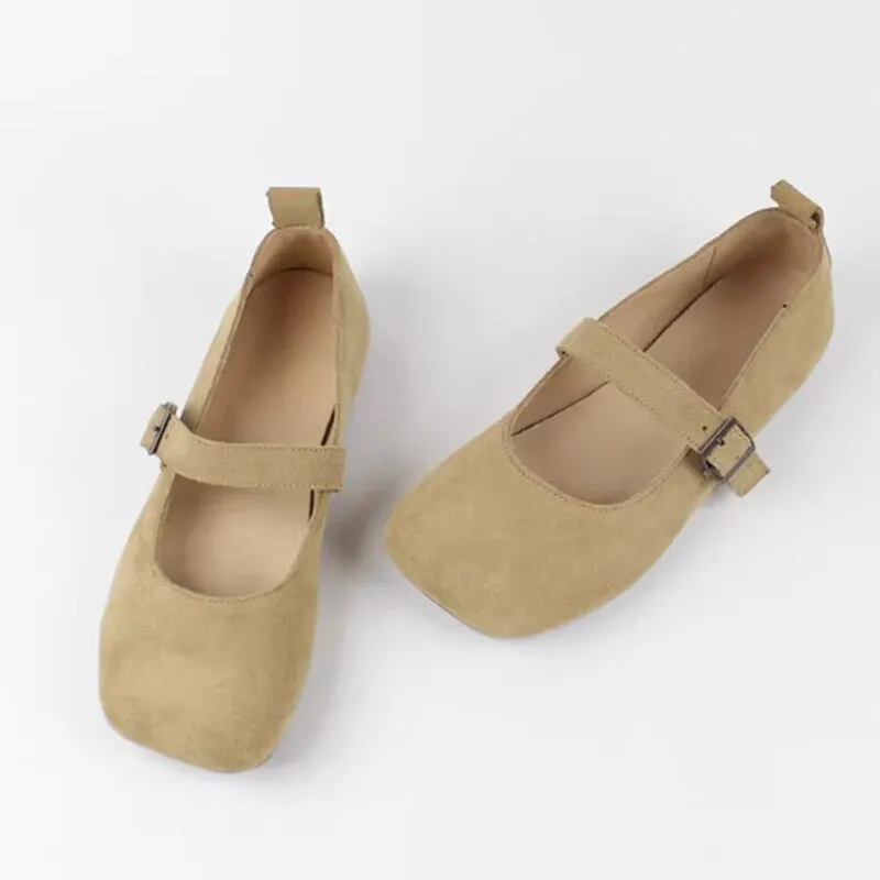 Handmade Suede Leather Mary Jane Breathable in Apricot/Brown