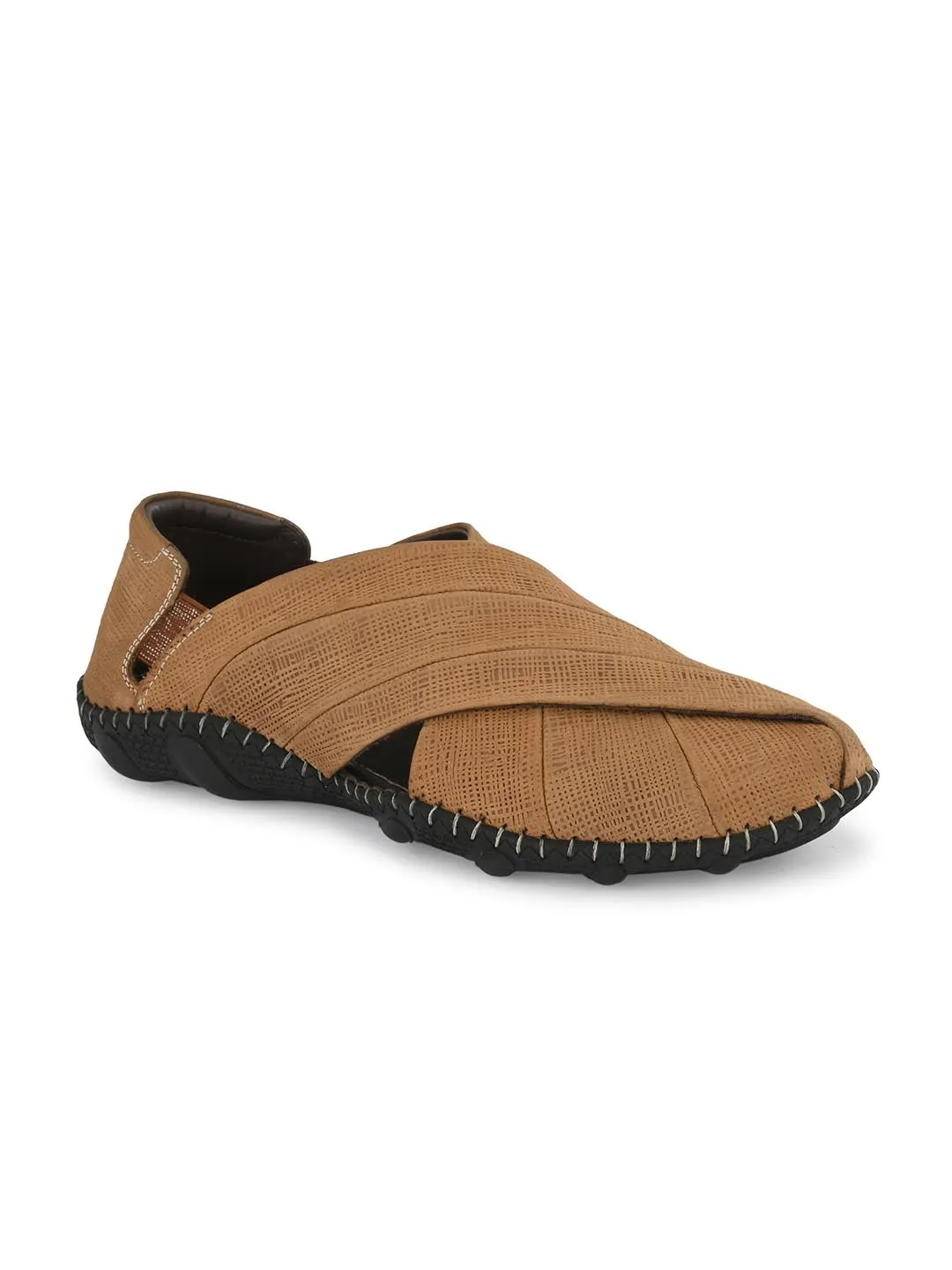 Hitz Men's Camel Leather Slip-On Shoe Style Sandals