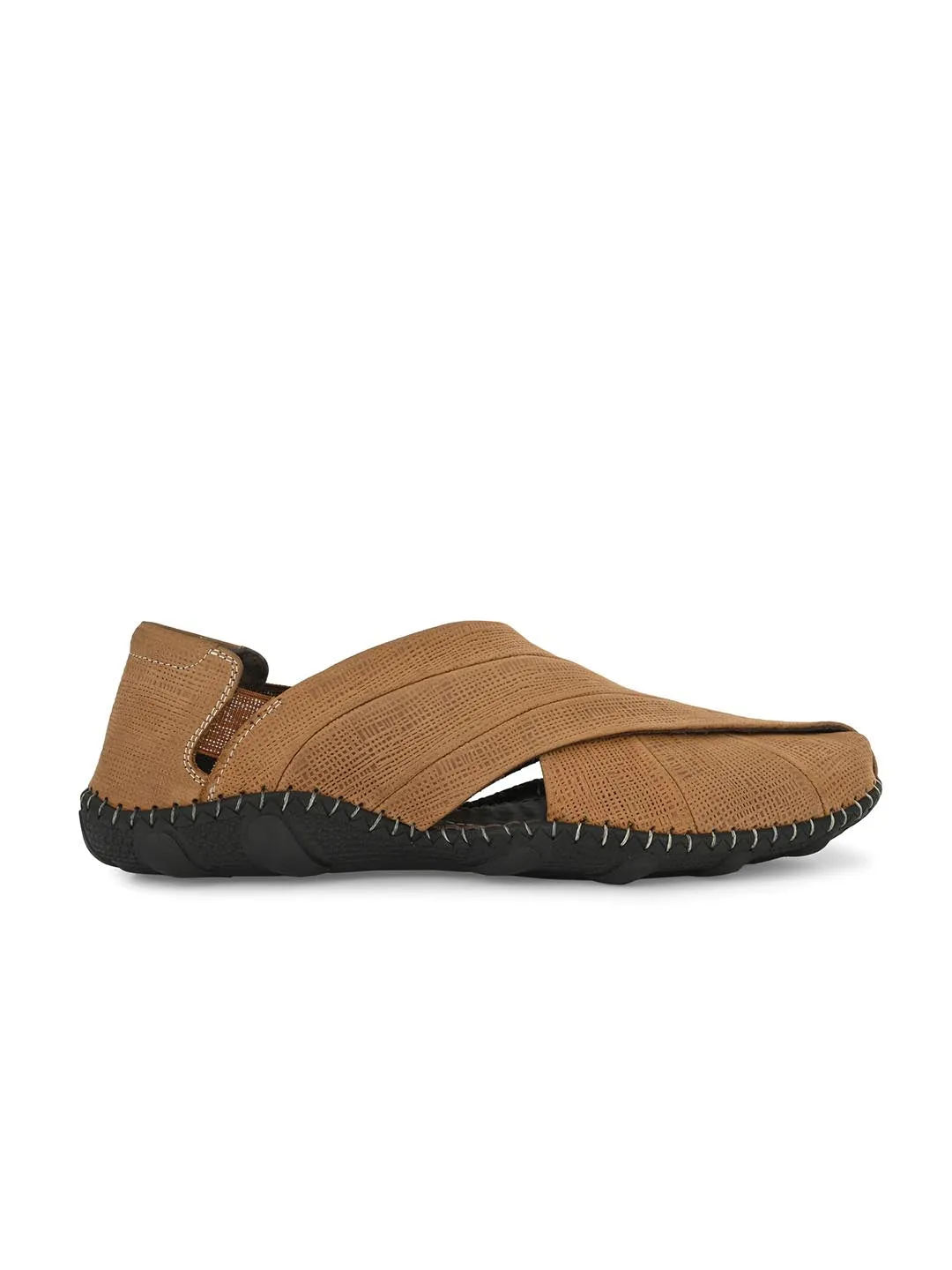 Hitz Men's Camel Leather Slip-On Shoe Style Sandals