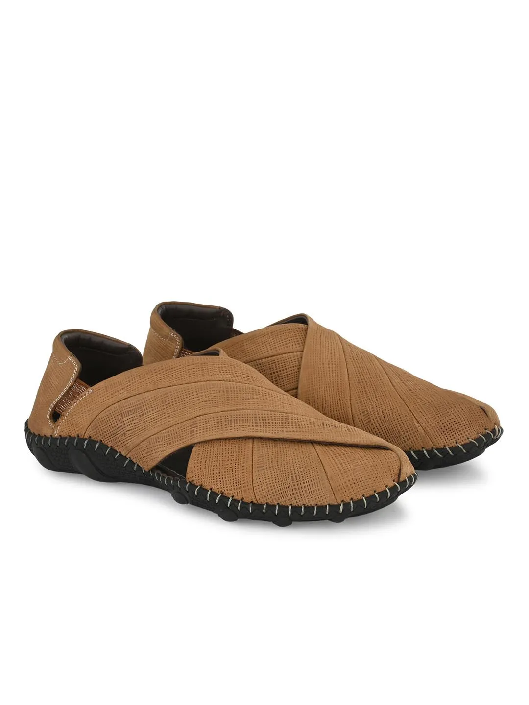 Hitz Men's Camel Leather Slip-On Shoe Style Sandals