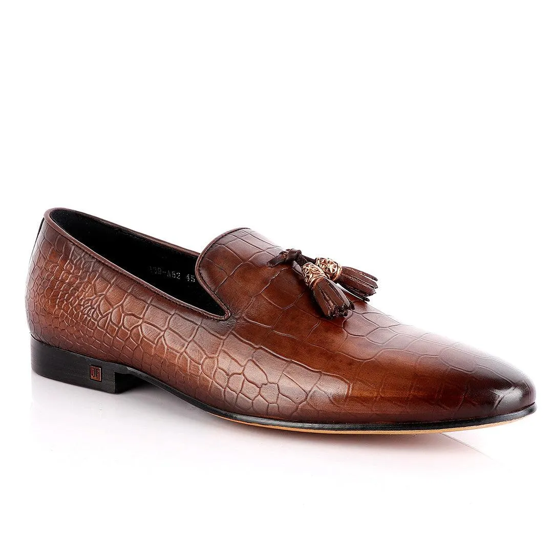 John Foster Brown Leather Croc Tassel Loafer