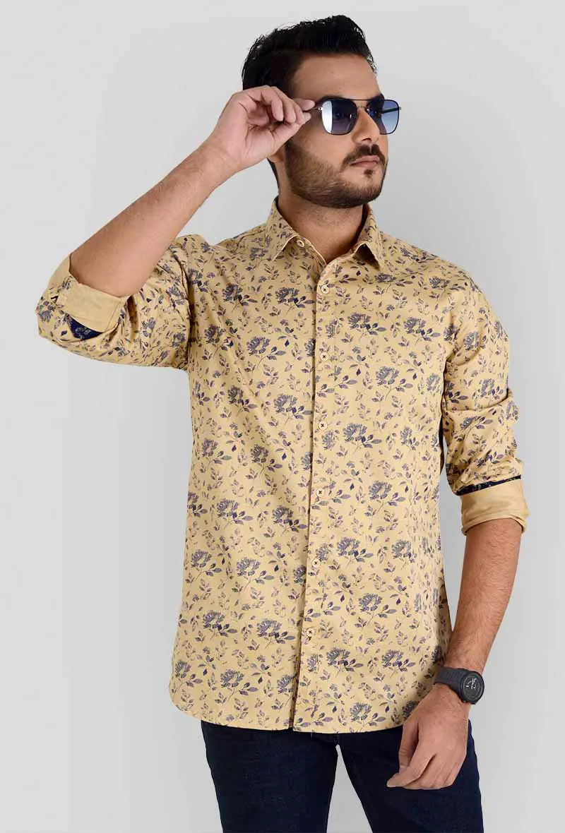 Light Khaki Printed Slim Fit Casual Shirt | JadeBlue