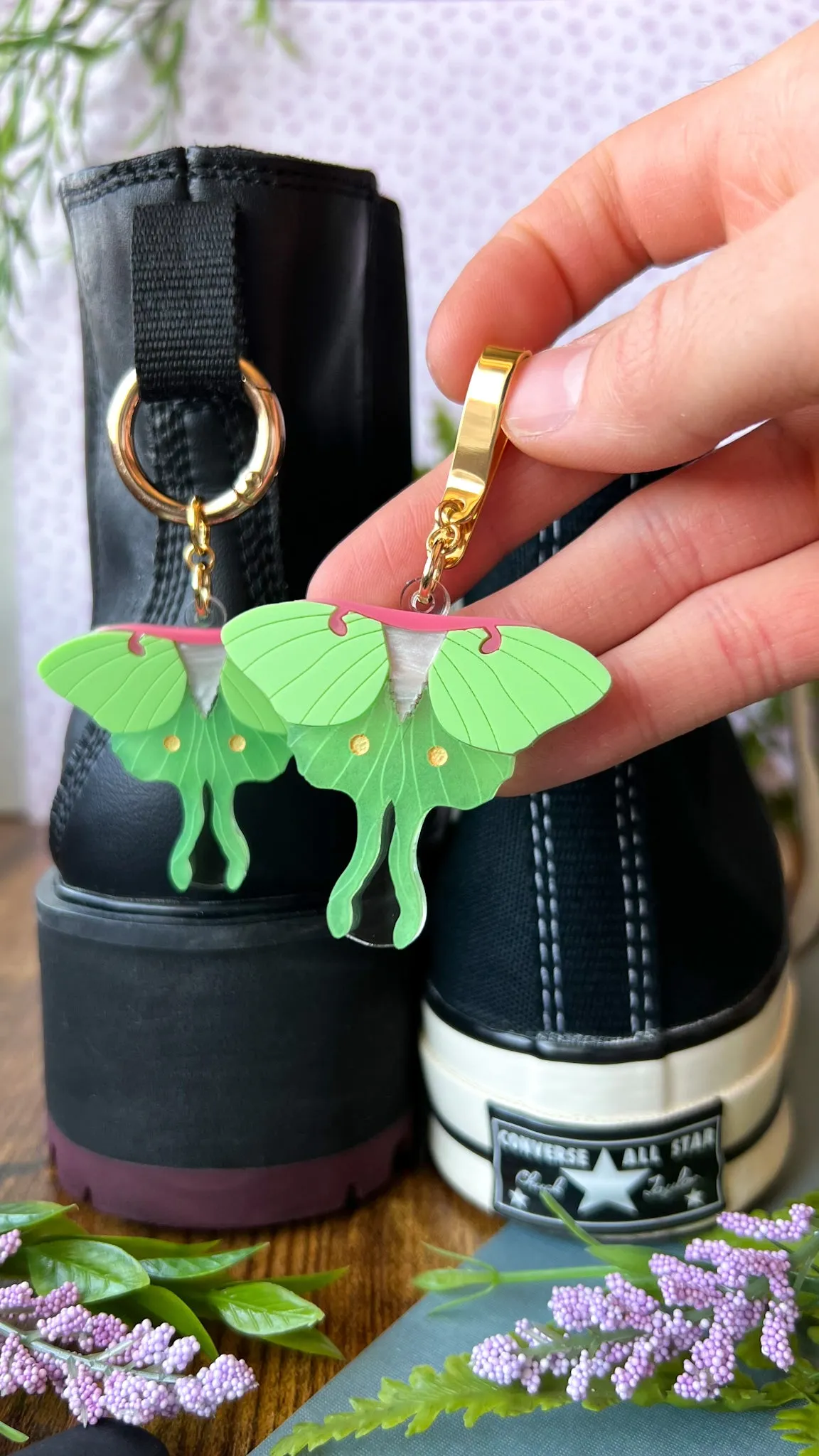 Luna Moth Glowing Shoe Accessory | Pull Loop Boot Charm, Shoe Charm, High Top Sneaker Clip or Boot Clip, Acrylic Shoe Keychain