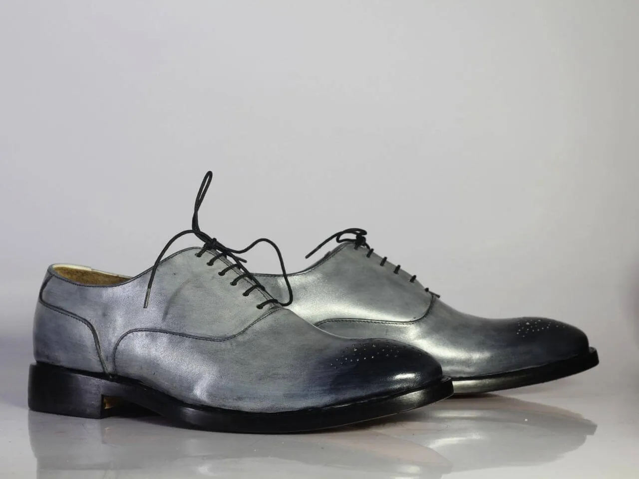 Men's Handmade Silver Brogue Leather Lace Up Shoes, Men Stylish Designer Shoes