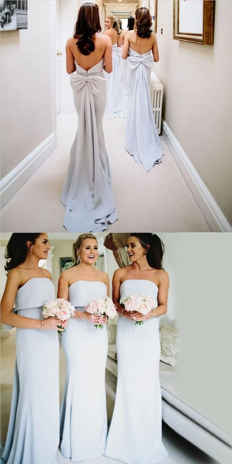 Modest Pretty Elegant Unique Mermaid Strapless Long Light Sky Blue Bridesmaid Dresses with Bow, WG290