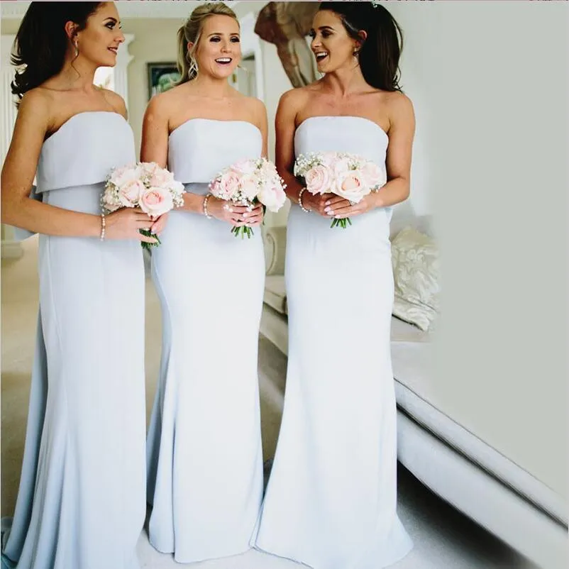 Modest Pretty Elegant Unique Mermaid Strapless Long Light Sky Blue Bridesmaid Dresses with Bow, WG290