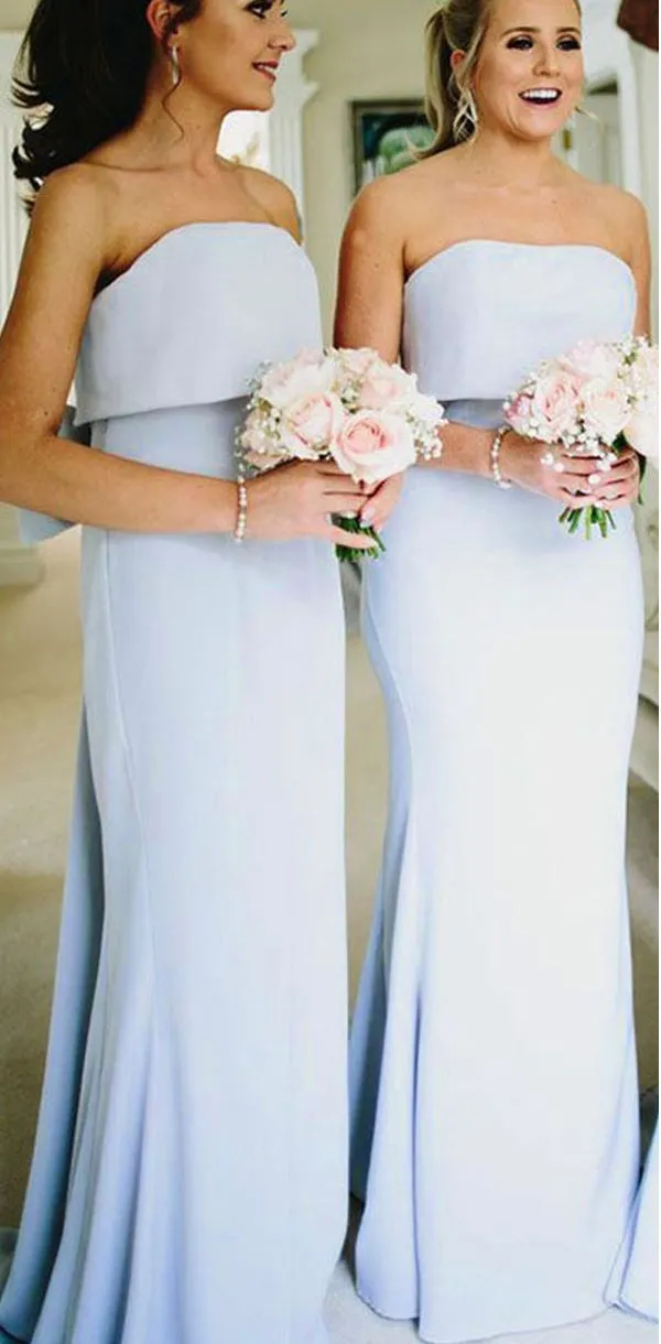 Modest Pretty Elegant Unique Mermaid Strapless Long Light Sky Blue Bridesmaid Dresses with Bow, WG290