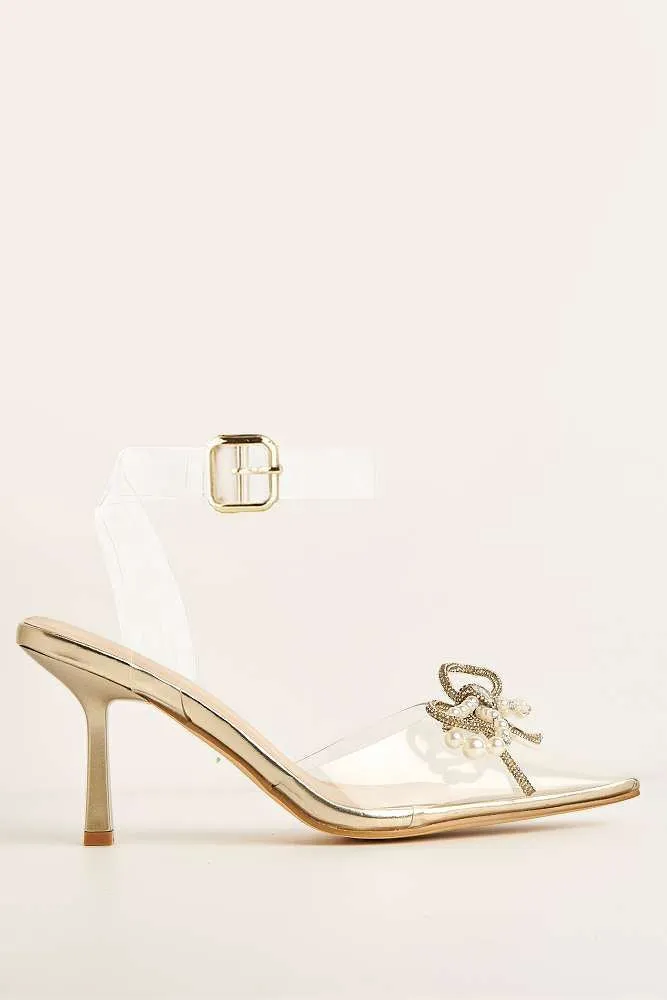 Orkide Diamante Bow and Pearl Detail Perspex Court Shoes in Gold