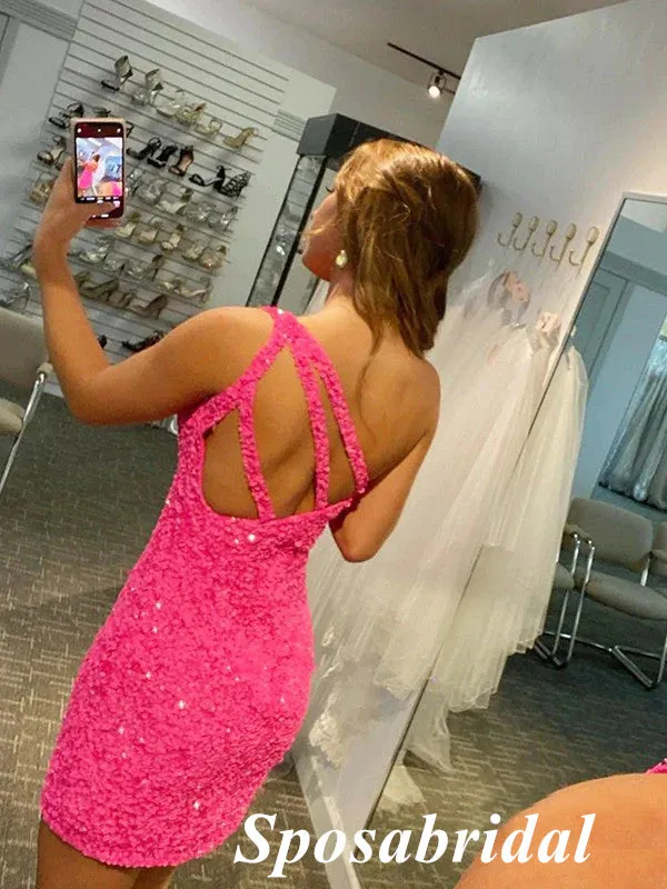 Sarkly Pink Sequin One Shoulder Sheath Mini Dresses/ Homecoming Dresses, PD3543