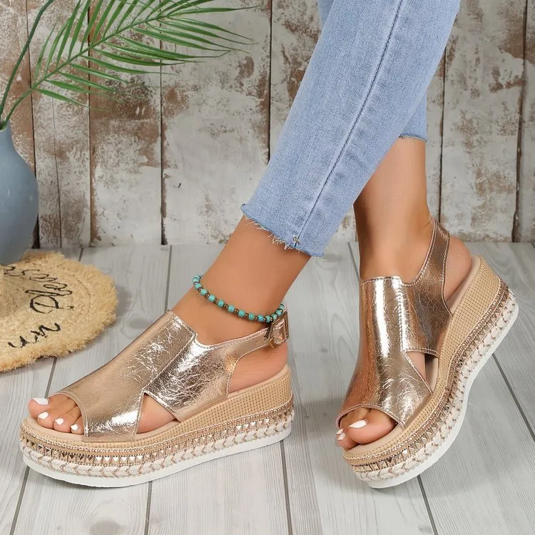 Shiny Fish Mouth Sandals with Buckle Wedges