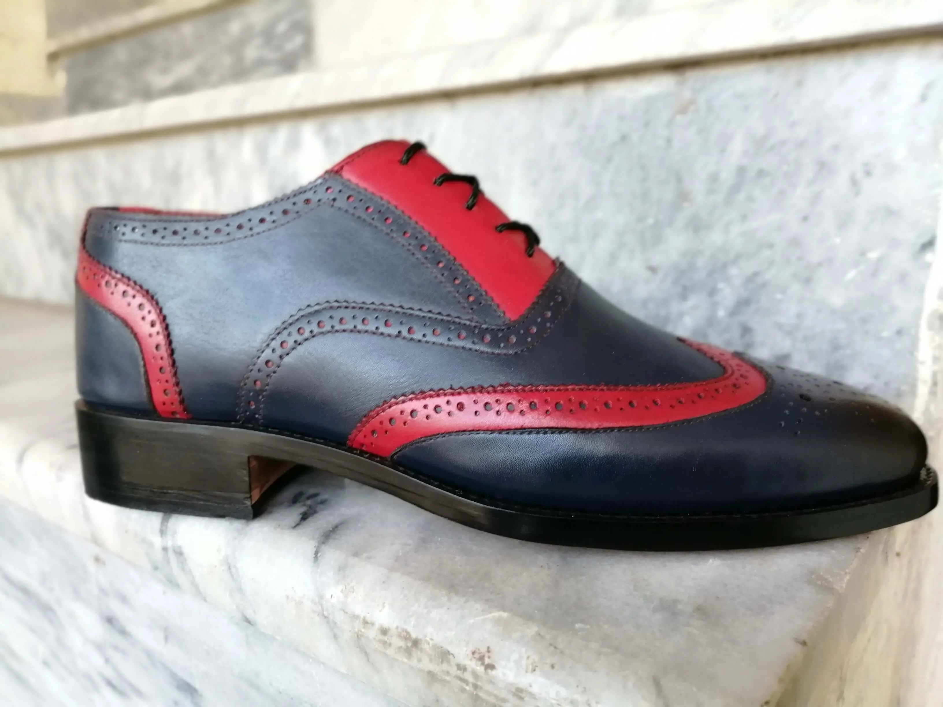 Stylish Handmade Men's Navy Blue & red Leather Wing Tip Brogue Dress Shoes