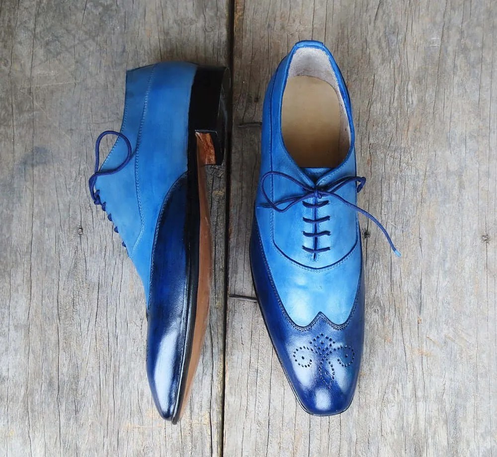 Stylish Men's Handmade Two Tone Blue Leather Wing Tip Brogue Lace Up Dress Shoes