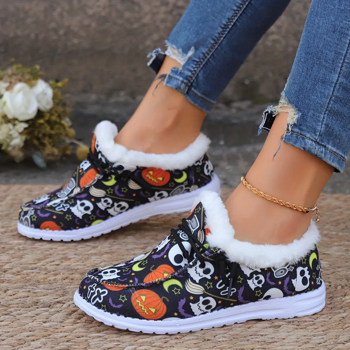 Women's Halloween Horror-Style Skateboard Shoes | Non-Slip Flat Shoes with Soft Bottom Skate Shoes | Lightweight Lace-Up Outdoor Shoes